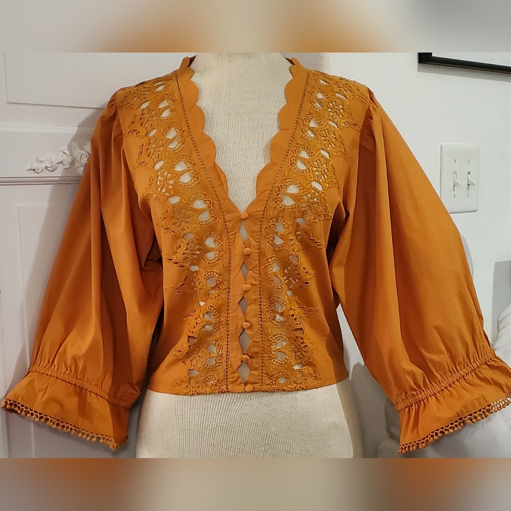 NEW Free People Puff Sleeve Embroidered Lace Corset Top Jacket L Large